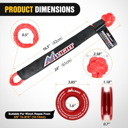 Nilight 2PCS Synthetic Soft Shackle 1/2" x 24" & Recovery Ring Kit - 56,000 LBS Shackle Breaking Strength with 46,000 LBS MBS Snatch Pulley for 4x4 Truck SUV ATV UTV Off-Road Vehicle Extraction (Red) - color: 2Pc Shackles Red + Snatch Ring Red