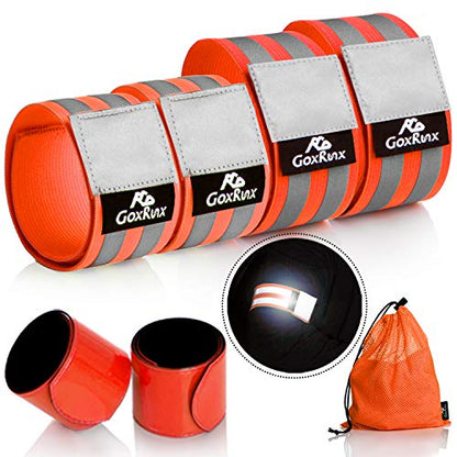 GoxRunx Reflective Bands Running Gear 6 Pack-Adjustable Reflective Armband Arm Wrist Ankle Leg Bands Reflectors -Reflective Tape Straps for Clothing Night Running Cycling Walking -Slap Bracelets - color: Orange
