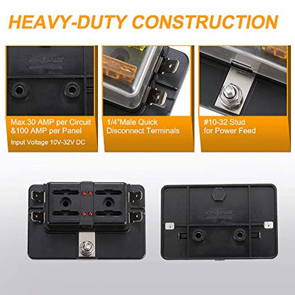 BUNKER INDUST 4-Way Blade Fuse Box with LED Indicator for Blown Fuse,Fuse Block Holder Box with Protection Cover for Car Boat Marine Automotive,Include 12Pcs Blade Fuses - color: 1Pcs 4-Way Blade Fuse Box