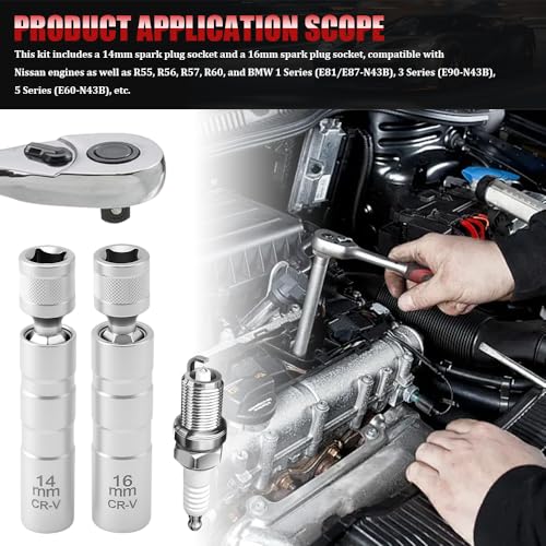 2PCS Spark Plug Socket, 14mm & 16mm Magnetic Swivel Spark Plug Socket, Thin Wall 12 Points 3/8" Drive Spark Plug Removal Tool with 360-degree Rotation, Compatible with Motorcycle, Car, SUV