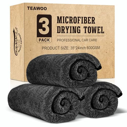 TEAWOO 3-Pack Microfiber Towels for Cars (24" x 35"), Extra Large Super Absorbent Car Drying Towel, Drying Towel for Car & Trucks, Car Towels Drying with No Streaks & Scratches - size: 35"x 24" 3 PACK