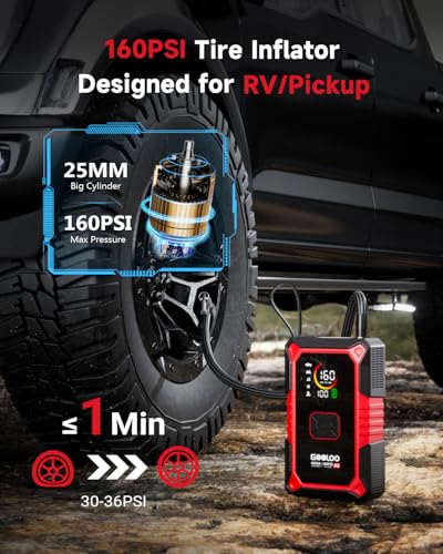 GOOLOO A5 Jump Starter with Air Compressor, 4000A Car Battery Jump Starter (All Gas/10.0L Diesel) with 160PSI Tire Inflator Auto-Off, 45W PD Fast Charging, 12V Jump Box Car Jumper Starter Portable - color: Red