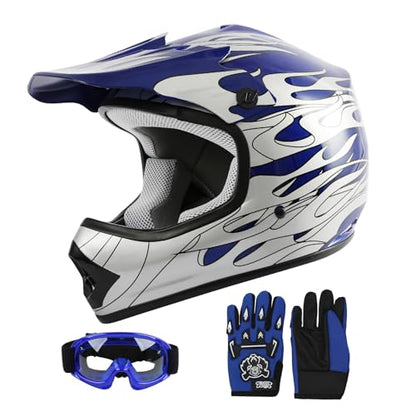 SLMOTO Youth ATV Helmet Blue Flame Dot Motocross Offroad Street Helmet Motorcycle Helmet Dirt Bike Motocross ATV Helmet+Goggles+Gloves,Large - color: Blue Frame, size: Large