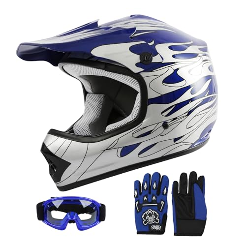 SLMOTO Youth ATV Helmet Blue Flame Dot Motocross Offroad Street Helmet Motorcycle Helmet Dirt Bike Motocross ATV Helmet+Goggles+Gloves,Large - color: Blue Frame, size: Large