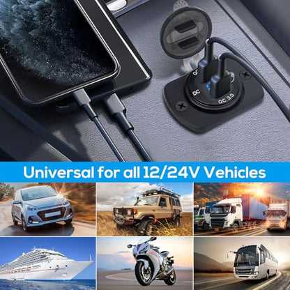 Linkstyle 2PCS 12V USB Outlet, Dual 18W QC3.0 USB A Ports Car Charger Socket with Botton Switch & Blue LED Voltmeter for 12V/24V RV Boat Truck