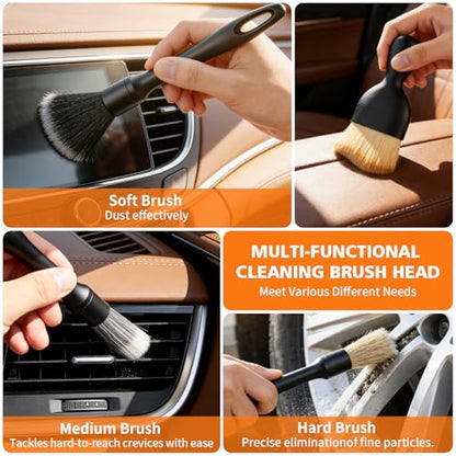 8PCS Car Detailing Brush Set, Ultra Soft Boars Hair Car Interior Detailing Brushes, Premium Car Wash Brush Kit for Professional Results ﻿Car Duster Interior or Exterior, Car Accessories Interior Tools
