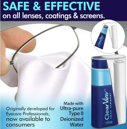 Clear View Lens Cleaner Kit | 2 x 8oz Bottles, 1 Travel Spray (1oz), 3 Premium Microfiber Cloths | Safe for All Lenses, Coatings & Screens