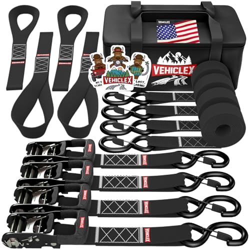 Vehiclex Motorcycle Ratchet Tie Down Straps with Soft Loops - 4PK Heavy Duty 1.5" x 8ft Kit, 4,400 lb Breaking Strength for Powersports, Black - color: Black, size: 8 ft - 4 Pack