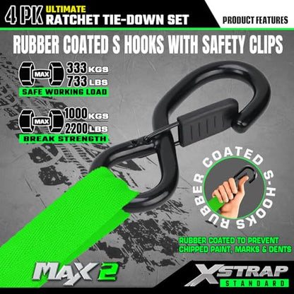 XSTRAP STANDARD 4PK Motorcycle Ratchet Straps, 1" x 15ft, 2,200 lbs Break Strength Tie Down Straps with Safety Lock S-Hooks, Soft Loop Straps and Stickers for Trucks, Cargo, Moving (Green) - size: Green-2200 lbs-4Loops