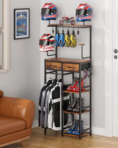 Motorcycle Helmet Holder Wall Mount, Solid Wood and Metal Helmet Rac, Motorcycle Accessories Gear Storage Organizer for Entryway or Garage - color: Vintage Brown