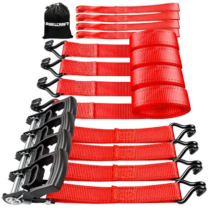 AWELCRAFT Ratchet Straps(4 Pack),3300lb Breaking Strength,1.5in×10ft Heavy Duty Tie Down Ratcheting with Padded Handles,Double J Hooks & 4 Soft Loops for Trailer,Trucks,Motorcycle(Red) - color: Red