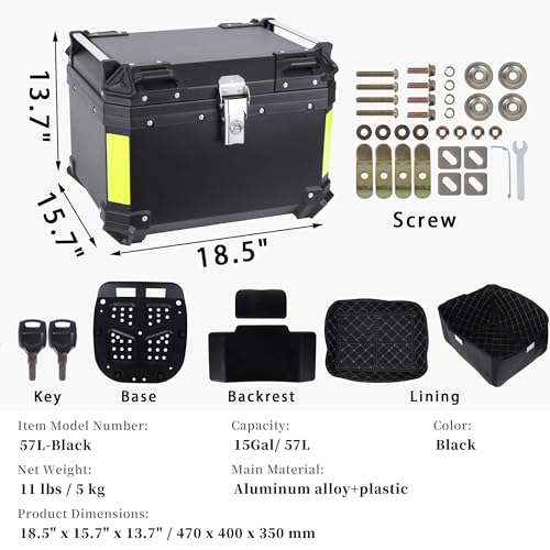 Motorcycle Top Case 57L Trunk Tail Box Bag Aluminum alloy handle with Leather Lining Anti-Theft with Lock & Back Cushion Waterproof Dustproof Easy Installation with Universal Bracket Black - color: Black（57L-Single Lock）