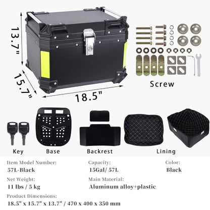 Motorcycle Top Case 57L Trunk Tail Box Bag Aluminum alloy handle with Leather Lining Anti-Theft with Lock & Back Cushion Waterproof Dustproof Easy Installation with Universal Bracket Black - color: Black（57L-Single Lock）