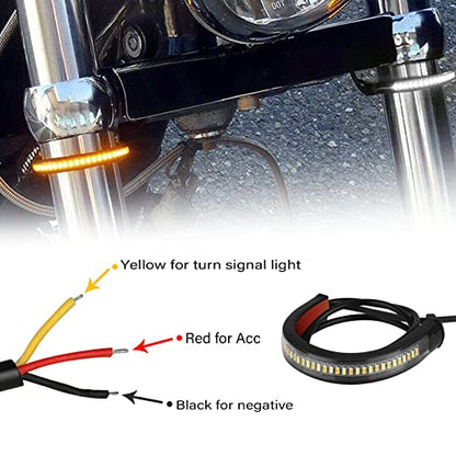 2Pcs Motorcycle LED Fork Turn Signal Blinkers Strip tail Lights Bars kit Lamps Daytime running lights Flexible Switchback Dual-Color White & Amber lights Universal Fit Motorbike (39mm-70mm)