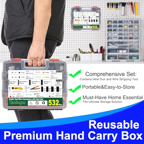 532PCS Heat Shrink Solder Seal Wire Connectors Kit with Mini Heat Gun, Solder Stick Wire Connectors Waterproof Wire Electrical Connector Kit for Marine, Automotive, Boat, Truck (26-6 Gauge) - size: 532PCS