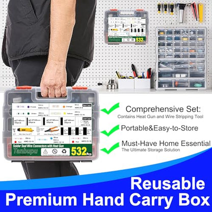 532PCS Heat Shrink Solder Seal Wire Connectors Kit with Mini Heat Gun, Solder Stick Wire Connectors Waterproof Wire Electrical Connector Kit for Marine, Automotive, Boat, Truck (26-6 Gauge) - size: 532PCS