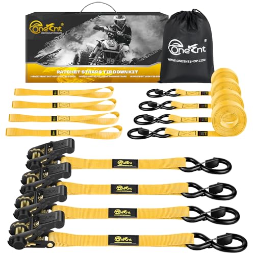 4Pcs Ratchet Tie Down Straps Kit for 2400lb Break Strength | 1” x 16FT Tie Down Straps with Soft Loop Tie-Downs & Safety S Hook - Cargo Strap Tie Down for Trucks, Motorcycle, Moving, Appliances-Yellow - color: Yellow