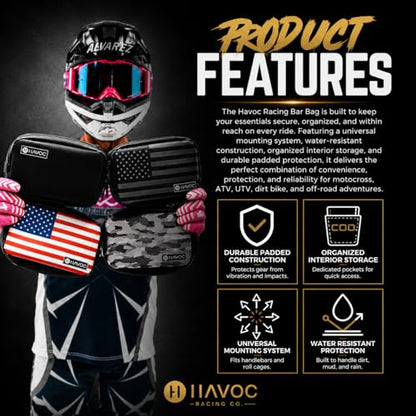 Havoc Racing Bar Bag - Universal Handlebar Bag for Motorcycles, Dirt Bikes, ATVs, UTVs - Fits Goggles, Phone, Tools -8"x5"x2" - color: USA
