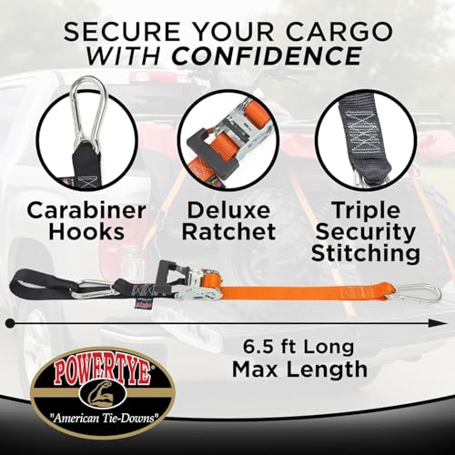 PowerTye 1.5in x 6.5ft Heavy Duty Ratchet Tie-Down Straps with Soft-Tye and Carabiner Hooks - 1,000 lb Working Load Limit / 3,000 lb Breaking Strength - Made in USA - Purple/Black (Pair) - color: Purple, size: 6.5 ft