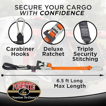 PowerTye 1.5in x 6.5ft Heavy Duty Ratchet Tie-Down Straps with Soft-Tye and Carabiner Hooks - 1,000 lb Working Load Limit / 3,000 lb Breaking Strength - Made in USA - Purple/Black (Pair) - color: Purple, size: 6.5 ft