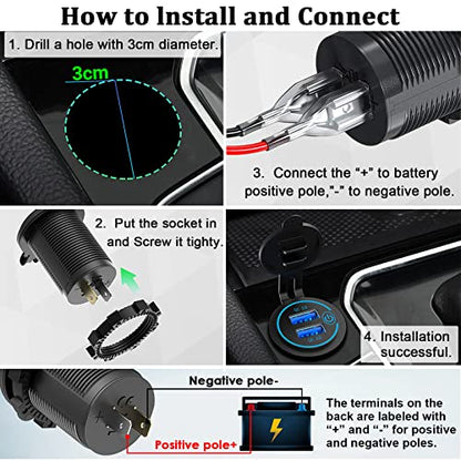 QC3.0 Dual USB 12V DC Outlet with Touch Switch: 12 Volt Marine Socket Golf Cart USB Port Car Charger Waterproof Power Adapter Cigarette Lighter Mount Fast Charge for Boat Motorcycle ATV RV