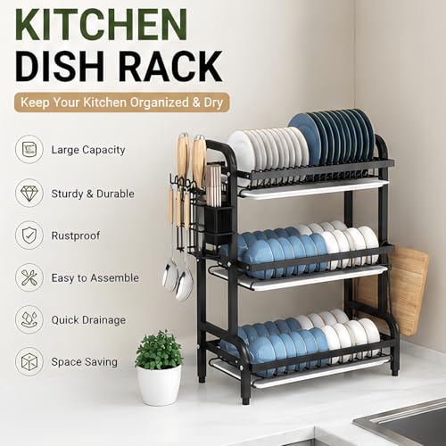 3 Tier Dish Drying Rack for Kitchen Counter, Large Capacity Dish Rack with Drainboard Set & Utensil Holder, Rustproof Metal Dish Drainer with Cup Bowl Plate Storage - color: Black1