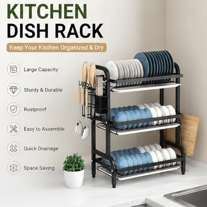 3 Tier Dish Drying Rack for Kitchen Counter, Large Capacity Dish Rack with Drainboard Set & Utensil Holder, Rustproof Metal Dish Drainer with Cup Bowl Plate Storage - color: Black1