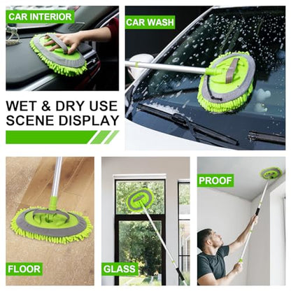 Ordenado 62" Car Wash Brush Kit Mitt Mop Sponge with Long Handle Chenille Microfiber Car Cleaning Brush Kit Supplies Car Washing Mop Kit Car Care Kit of Scratch-Free Replacement Head for Car RV Truck - color: A-green