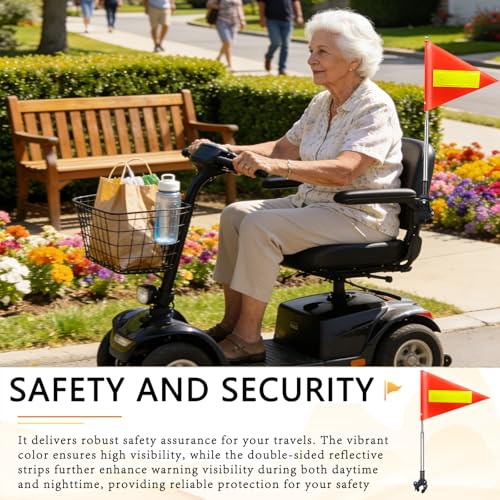 Orange Safety Flag with Reflective Strip and 5.3 Feet Retractable Pole, Orange Warning Flags Suitable for Mobility Scooter, Rollators and Wheelchairs, Set with Pole and Mount for Safety