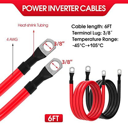 4 AWG Battery Cable 4AWG Gauge Pure Copper Battery Inverter Cables with 3/8 in Lugs Both Ends Power Inverter Wire Set for Automotive Solar Marine Boat RV Car Motorcycle Red and Black (6ft) - size: 6ft