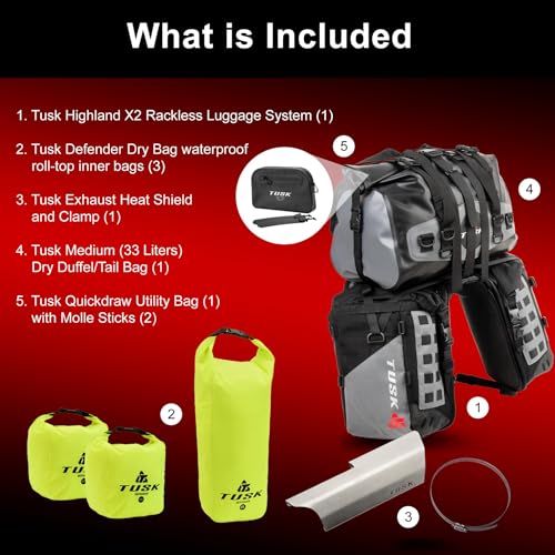 TUSK Highland X2 Rackless Luggage System w/Medium Dry Duffel Tail Bag Compatible with KTM/Husky 690-701 Heat Shield Black/Grey - color: Black/Grey, size: Medium Dry Duffel/Tail Bag, style: Ktm/Husky 690-701 Heat Shield