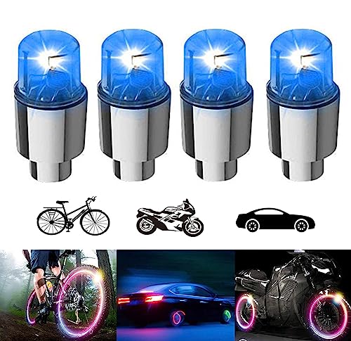 4 Pack LED Bike Wheel Lights Car Tire Valve Stems Caps Bicycle Motorcycle Waterproof Tyre Spoke Flash Light Cool Reflector Accessories for Men Women Kids (Blue) - color: Blue