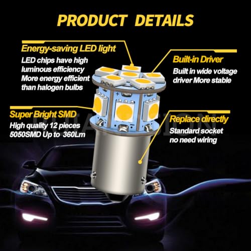 Ruiandsion 2pcs 6V BAU15S 5050 12SMD Warm White LED Light Bulbs for Reverse Lights Turn Signal Tail Lights,Non-polarity - color: Warm White, size: BAU15S