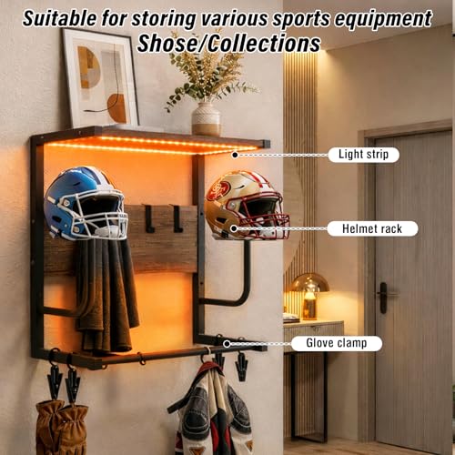 Motorcycle Helmet Rack Wall Mount with Light, Black & Steel Motorcycle Helmet Rack With RGB Light, Waterproof Heavy Duty Helmet Display Shelf for Jackets, Gear & Motorcycle Accessories Storage - size: Small