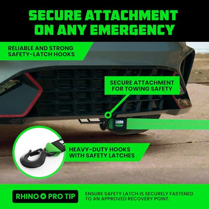 Rhino USA Tow Strap with Hooks (2 Inch x 20 Foot) Lab Inspected 10,321lbs Break Strength - Heavy Duty Emergency Towing Straps with Forged Steel Hooks for Roadside Recovery - Not for OffRoad Recoveries