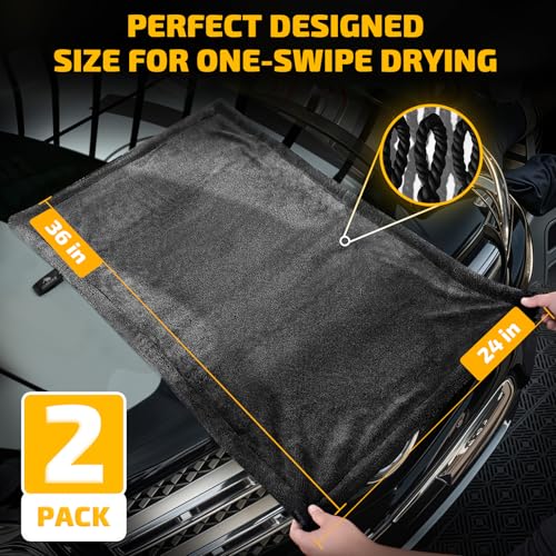 SMINDER 2-Pack 1200 GSM Car Drying Towels – Microfiber Towels for Cars (36" x 24"), Ultra-Absorbent, Streak-Free, Scratch-Free, No Water Spots, Double-Twist Pile & Edgeless Design - color: Gray