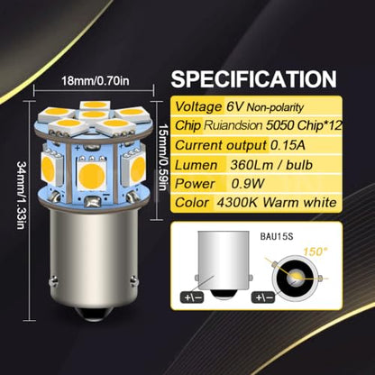 Ruiandsion 2pcs 6V BAU15S 5050 12SMD Warm White LED Light Bulbs for Reverse Lights Turn Signal Tail Lights,Non-polarity - color: Warm White, size: BAU15S