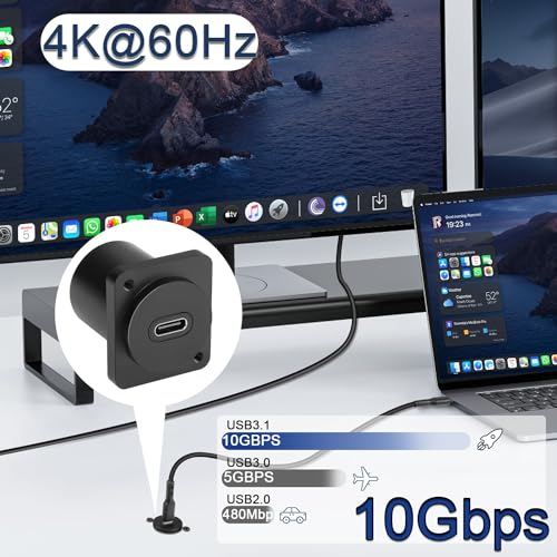 QIANRENON 10Gbps USB-C to USB-C Panel Mount Adapter, Type-C 3.1 Female to Female Straight Connector, 100W Charging, Integral Al Alloy Housing, D-Type/XLR Panel Mount, Extension