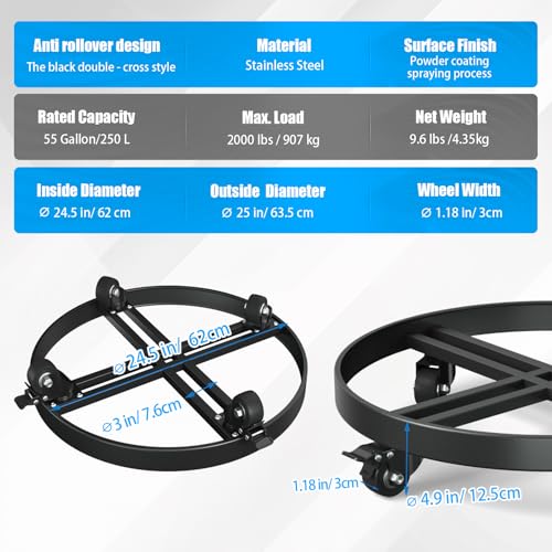 Heavy Duty 55 Gallon Drum Dolly – 2000LB Capacity, Anti Rollover Design with 4 Swivel Casters & 2 Brakes, Double Fork Style for Warehouse/Industrial Use (Black) - size: 55 Gallon Drum Dolly 24.5"Lx 24.5"W