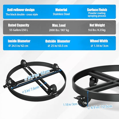 Heavy Duty 55 Gallon Drum Dolly – 2000LB Capacity, Anti Rollover Design with 4 Swivel Casters & 2 Brakes, Double Fork Style for Warehouse/Industrial Use (Black) - size: 55 Gallon Drum Dolly 24.5"Lx 24.5"W