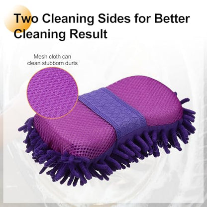 HARFINGTON Car Wash Sponge 8.7" x 4.3" Chenille Microfiber Mitt Scratch-Free Absorbent Scour Scrubber Cleaning Sponge for Washing Detailing on Cars, Trucks, SUV, Boats, RVs, Purple
