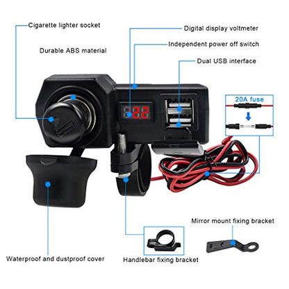 12V 2.1A Motorcycle Dual USB Phone Charger with ON Off Switch & LED Voltmeter & Cigarette Lighter, Motorcycle Handlebar Clamp, Waterproof