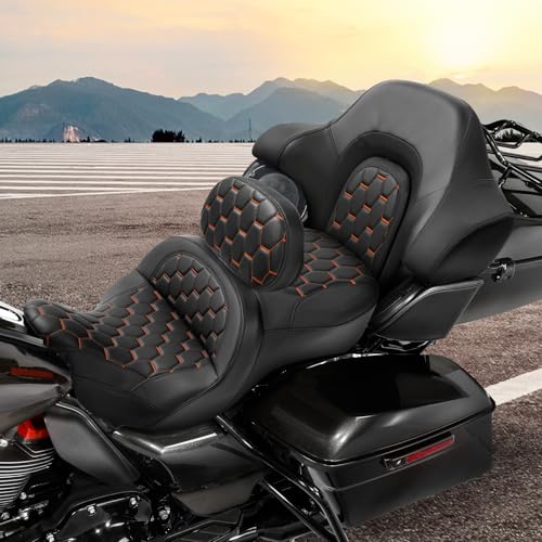 C.C. RIDER Driver Passenger Hammock Seat+ Rider Backrest+ King/Chopped Trunk Backrest Fit For Harley Touring 2014-2023 Street Glide Road Glide Road King Electra Glide - color: 16# Orange Seat+ Driver Backrest+ Trunk Backrest
