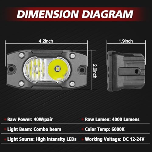 LED Pods Flush Mount Driving Pod Light 2PCS 4 Inch Spot Flood Off Road Bumper Lights Reverse Backup Work Lights Flush LED Light Bar for Truck Pickup UTV ATV Boat 4x4 - color: White Flush