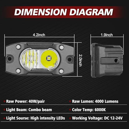 LED Pods Flush Mount Driving Pod Light 2PCS 4 Inch Spot Flood Off Road Bumper Lights Reverse Backup Work Lights Flush LED Light Bar for Truck Pickup UTV ATV Boat 4x4 - color: White Flush