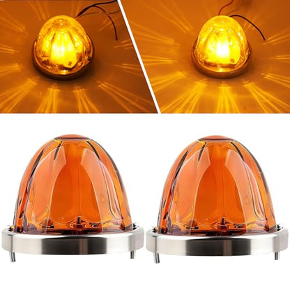 2 Pcs Amber Glass Lens Watermelon Lights LED Side Marker Turn Signal Lights with Stainless Steel Bezel Replacement for Kenworth Peterbilt Freightliner Trucks ATV Motorcycle