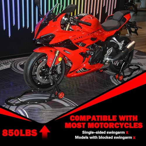 MOTO4U Motorcycle Front & Rear Stand, Front Rear Combo Stand Universal Wheel Lift Stand Swingarm Spool Lift Stand Paddock Stand (Red Wheel) - size: Front & Rear Stand Black