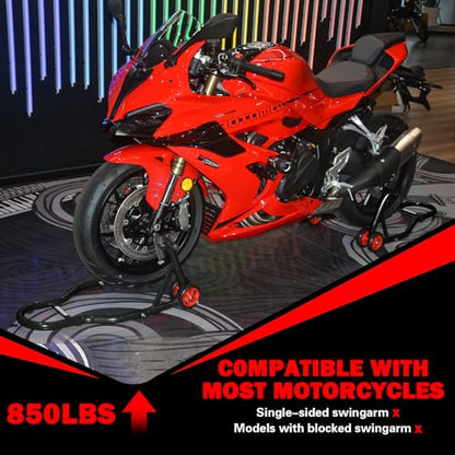 MOTO4U Motorcycle Front & Rear Stand, Front Rear Combo Stand Universal Wheel Lift Stand Swingarm Spool Lift Stand Paddock Stand (Red Wheel) - size: Front & Rear Stand Black
