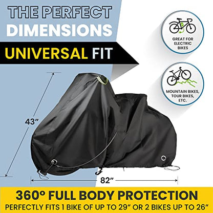 Waterproof Bicycle Cover for Outdoor Storage - Fits 1 or 2 Mountain, Road, Electric Bikes - Anti Theft Lock Holes for Frame Body & Wheels - Premium Heavy Duty Ripstop Fabric. For Rain or Snow.