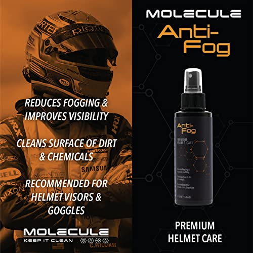 Molecule Helmet Anti-Fog Spray | Premium Helmet Care Spray | Reduces Fogging & Improves Visibility for Helmet Visors, Goggles & Windscreens | Cleans Dirt & Residue | 4 oz + 1 Microfiber Towel